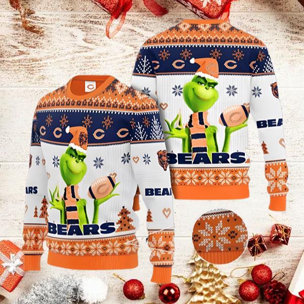 Men?s Grinch Chicago Bears 3D Ugly Christmas Sweater - TeePro