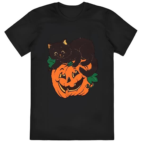 Black Cat Halloween T-Shirt, Black Cat Pumpkin Funny Vintage... - TeePro