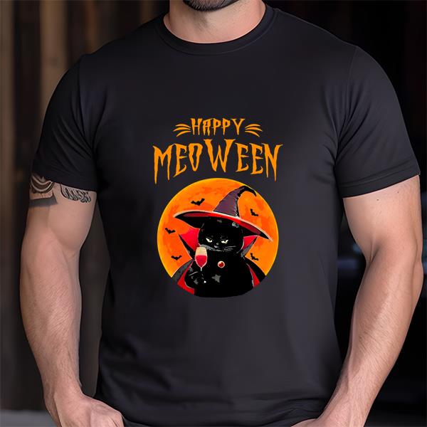 Black Cat Happy Meoween Halloween T-Shirt, Funny Cute Cat... - TeePro